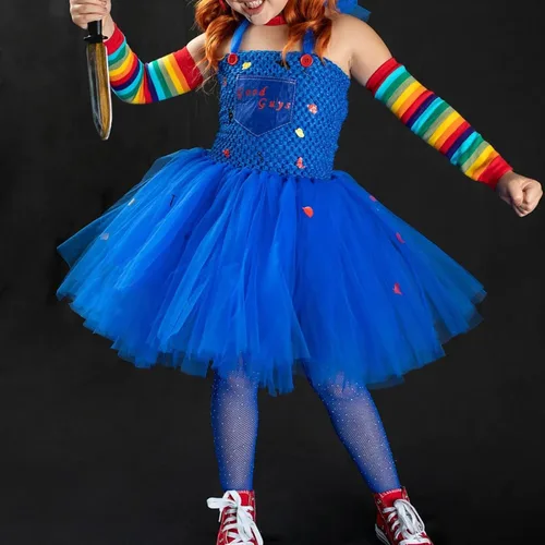 Vista 4 de Tempura Conjunto de disfraz de payaso de Halloween para niñas y niñas, vestido de tul, cuchillo, calcetines, guantes, horquilla, juegos para fiestas