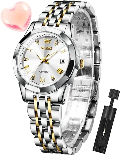 Vista 25 de OLEVS Reloj de mujer con diamantes de moda, analógico, de cuarzo, de acero inoxidable, para mujer, pequeño, para fecha, impermeable, luminoso