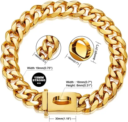 Vista 2 de Collar de Cadena Dorada para Perro Collar de Cadena de Metal para Caminar con Hebilla Segura de Diseño, Eslabón Cubano 18K Fuerte de Trabajo Pesado