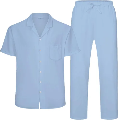 Vista 5 de RPOVIG Conjunto de camisa de lino y pantalones conjuntos de lino de 2 piezas para hombre, camisas de manga corta, pantalones de yoga, trajes