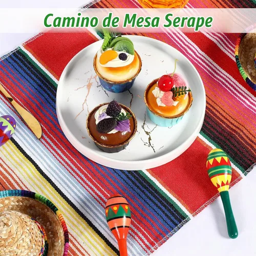 Vista 4 de Mixweer Camino de mesa de sarape mexicano de 24 piezas, colorido con flecos mexicanos de algodón, manta de serape a rayas para decoraciones