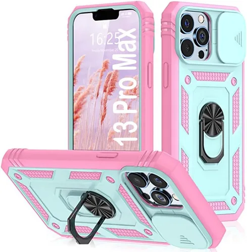 Vista 24 de PASNEW Funda militar para iPhone 13 Pro Max, cubierta de cámara deslizante y soporte de anillo de metal de 360°, carcasa rígida multicapa resistente