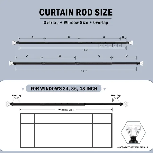 Vista 4 de Orger Barra de cortina de cristal mate negro para ventana de 30 a 54 pulgadas, barra de cortina ajustable con diseño de diamante, barra