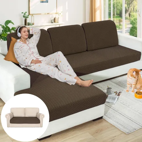 Vista 29 de YEMYHOM Funda de cojín para sofá, funda de cojín de asiento de alta elasticidad, tela jacquard geométrica de felpa, protector de sofá antideslizante