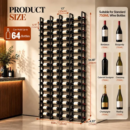 Vista 2 de Estante de vino grande de montaje en pared para 64 botellas Negro