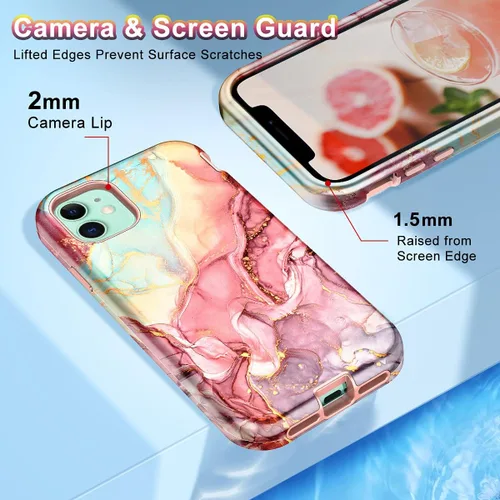 Vista 4 de CASEFIV Funda compatible con iPhone 11, patrón de mármol 3 en 1, resistente a prueba de golpes y caídas, cuerpo completo, policarbonato duro