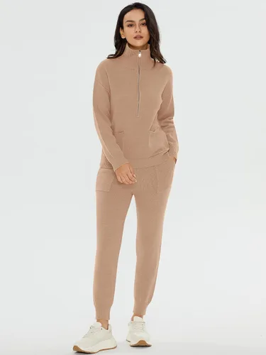Vista 2 de DEEP SELF Conjunto de dos piezas de suéter para mujer, de manga larga, con media cremallera, pantalones deportivos con bolsillos