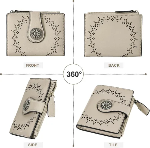 Vista 8 de Tipmile - Cartera pequeña para mujer, cartera de cuero con bloqueo RFID, plegable con bolsillo para monedas y con cremallera, Beige, Casual