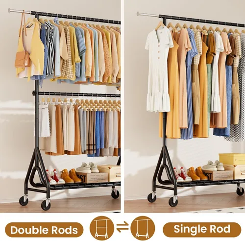 Vista 4 de Perchero resistente para colgar ropa, estante para ropa con dobles varillas y ruedas bloqueables, perchereros enrollables de metal resistentes