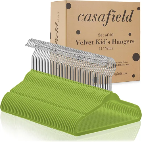 Vista 4 de Casafield 50 perchas de terciopelo para bebé, tamaño de 11 pulgadas, para ropa de bebés y niños pequeños, color verde lima