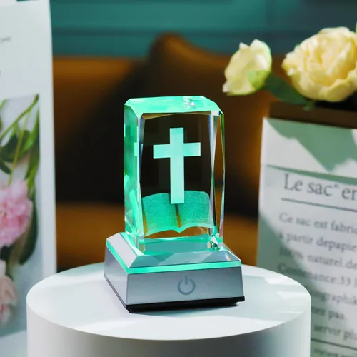 Vista 2 de YWHL Figura de Cruz de Cristal 3D con Base de Luz Colorida, Grabada Láser, Regalos Religiosos Bíblicos para Mujeres y Hombres, Decoración Cristiana