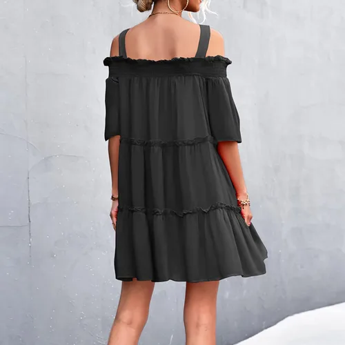 Vista 4 de BONIXOOM Vestido casual de vacaciones para mujer, de verano, con un hombro, con volantes, suelto, minivestido liso, lindo vestido de playa
