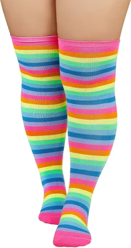 Vista 2 de Century Star Calcetines altos hasta el muslo de talla grande para mujer, extra largos por encima de la rodilla, calcetines altos con tiras