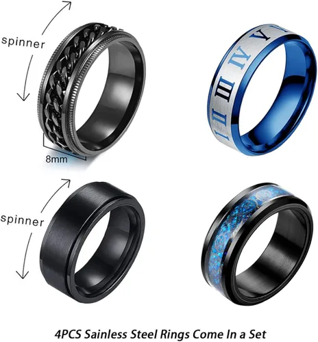 Vista 2 de yfstyle 4 anillos de banda lisa para hombres, anillos de acero inoxidable para hombres, anillos de boda geniales para hombres, anillos giratorios