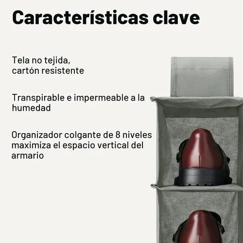 Vista 3 de Amazon Basics Organizador de zapatos colgante para armario de 8 niveles, 11.5 x 41 x 5.5 pulgadas, gris oscuro para almacenamiento en armario
