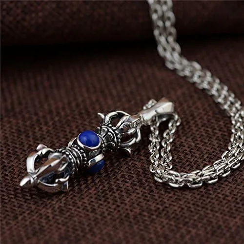 Vista 4 de Colgante vintage de plata de ley 925 budista Vajra Dorje con lapislázuli azul para hombres y mujeres M Metal Piedra