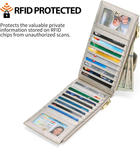 Vista 3 de GOIACII - Carteras para mujer de dos pliegues con bloqueo RFID y 2 bolsillos con cremallera, Dorado plata, M