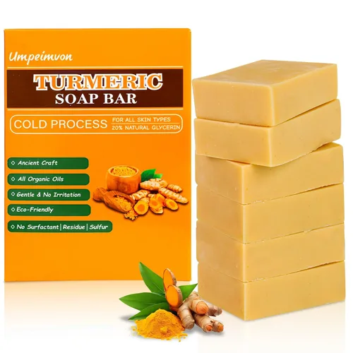 Vista 9 de Paquete de 3 barras de jabón de cúrcuma para limpiador facial y corporal, jabón de cúrcuma orgánico, piel suave e hidratante, jabón tumérico