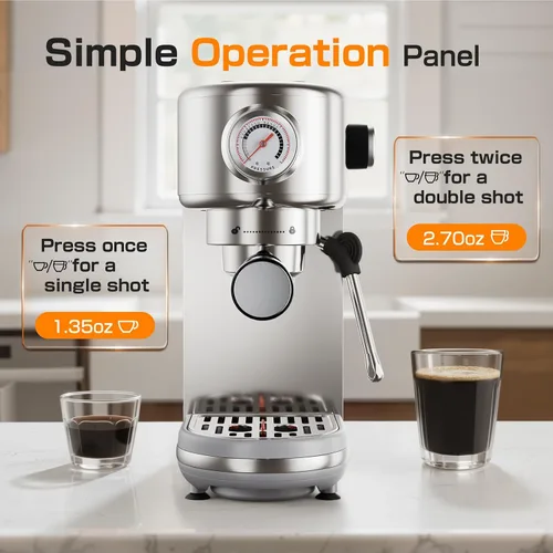 Vista 3 de Atatix Máquina de Café Espresso Mejorada, Cafetera Espresso Compacta de 20 Bares con Espumador de Leche, Cafetera de Acero Inoxidable con Tanque