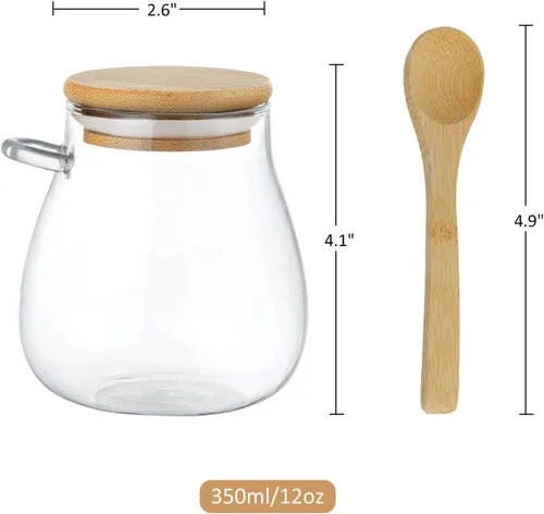 Vista 6 de Joeyan Tarro de vidrio con tapa hermética de bambú y cuchara adjunta, recipiente de condimentos para especias de azúcar y sal de 12 onzas, olla