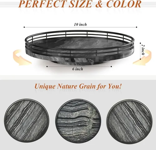 Vista 3 de Marble Lazy Susan - Tocadiscos para mesa, bandeja redonda de mármol de grano de madera antigua de 10 pulgadas para mesa de comedor, encimera de Negro