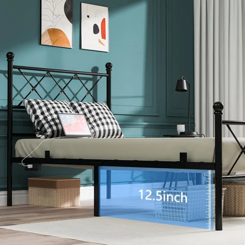 Vista 5 de VINGLI Base de cama individual con cabecero y estribo, marco de cama de metal con estribo extra alto, cama de plataforma resistente con luces LED