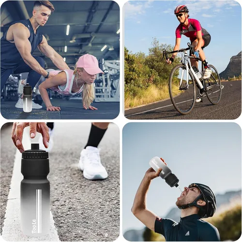 Vista 4 de Botella de agua para bicicleta, botella de agua exprimible para ciclismo, a prueba de fugas, sin BPA, con escala de capacidad con tapa superior