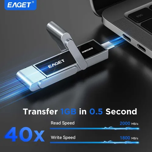 Vista 2 de EAGET Unidad flash USB dual de alta velocidad de 512 GB, hasta 2100 MB/s, SSD portátil con USB 3.2 + USB-C, marco de metal y diseño de ventana