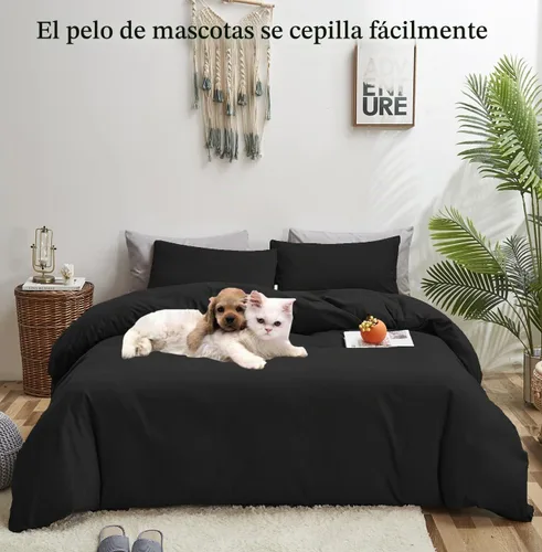 Vista 3 de KAREVER Juego de edredón negro tamaño individual de color oscuro liso, 3 piezas, 1 edredón negro individual negro (68 x 90 pulgadas) con 2 fundas