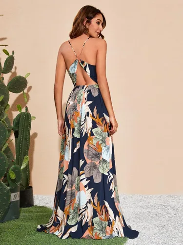 Vista 2 de SheIn Vestido largo cruzado con cinturón para mujer cuello en V sin mangas con estampado tropical