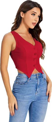 Vista 4 de SweatyRocks Chaleco corto con dobladillo asimétrico y botones en la parte delantera para mujer, cuello en V, sin mangas, para mujer