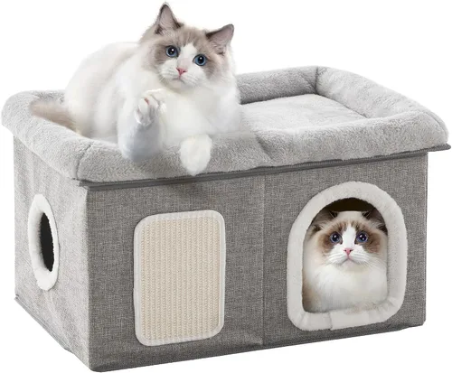 Vista 7 de WINDRACING Camas para gatos de interior - Casa extra amplia para mascotas y cama plegable para gatos con almohadilla para arañar, escondite
