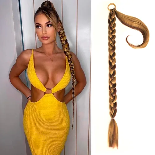 Vista 14 de Extensiones de cola de caballo trenzada de 20 pulgadas de largo para mujer, extensiones de cabello lacio envolvente con banda para el cabello, cola