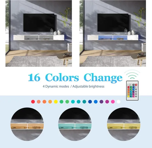 Vista 9 de WAMPAT Estante flotante de TV de 70 pulgadas con luz LED amarilla, soporte de TV flotante blanco montado en la pared con almacenamiento para TV