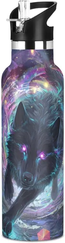 Vista 16 de Botella de Agua de Lobo Tazas de Lobo Botella de Agua Galaxia para Niños Niñas con Tapa de Pajita Lobos Aislada Acero Inoxidable Frasco de Agua a007