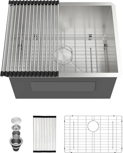 Vista 16 de Sarlai Gold Fregadero de Cocina Empotrado - Fregadero de Cocina de 28 Pulgadas Empotrado de Acero Inoxidable Dorado Tazón Individual de 28" x 19