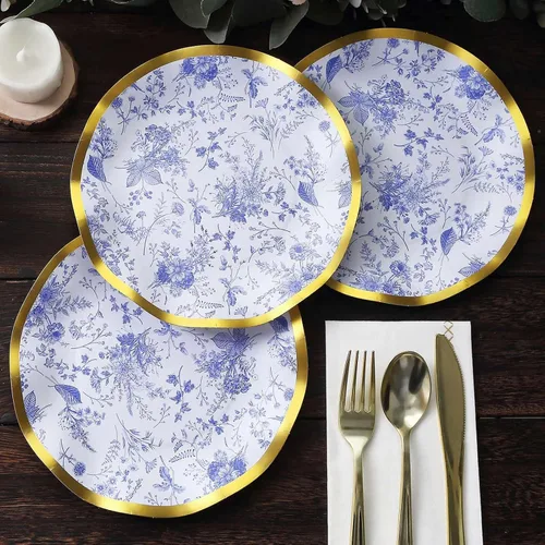 Vista 2 de Efavormart - Paquete de 25 platos de postre de papel chino chino azul y blanco con borde ondulado dorado de 11.32 oz/m² para recepciones y fiestas