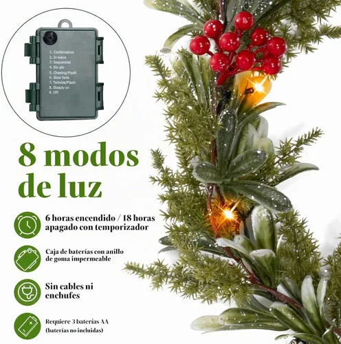 Vista 3 de Guirnalda de Navidad preiluminada de 6.5 pies con luces, guirnalda de olivo verde artificial con bayas rojas, funciona con pilas, guirnalda de pino