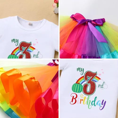 Vista 3 de IBAKOM Conjunto de ropa de 3 piezas para bebé niña de 1er cumpleaños + tutú de tul de princesa arcoíris + diadema con lazo, conjunto de ropa de 3