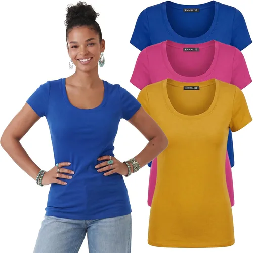 Vista 110 de Emmalise - Camiseta de manga corta para mujer, cuello redondo, estilo básico, pack de valor, tallas junior y grandes