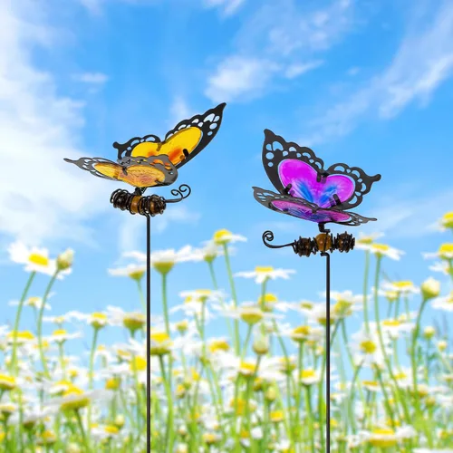 Vista 9 de Estacas de jardín de mariposas, kit de mariposa hecho de vidrio y metal, mariposas coloridas decoraciones de jardín pueden hacer que el jardín esté