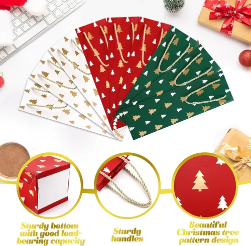 Vista 3 de Woanger 60 bolsas de regalo de vino de Navidad, bolsas de papel kraft a granel para botellas de vino con asa, bolsas de regalo de color rojo, verde