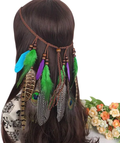 Vista 2 de Diadema de plumas bohemias con borlas de princesa india, ajustable, corona hippie