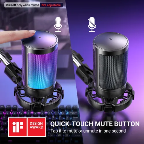 Vista 4 de FIFINE Gaming PC USB Microphone, Podcast Condenser Mic with Boom Arm, Pop Filter, Mute Button for Streaming, Twitch, Online Chat, RGB Computer Mic