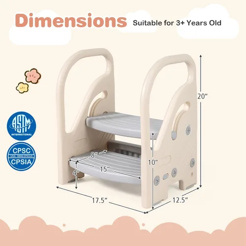 Vista 7 de Costzon Taburete auxiliar ajustable de 2 pasos para niños pequeños con asas de seguridad y almohadillas antideslizantes, escalera de plástico