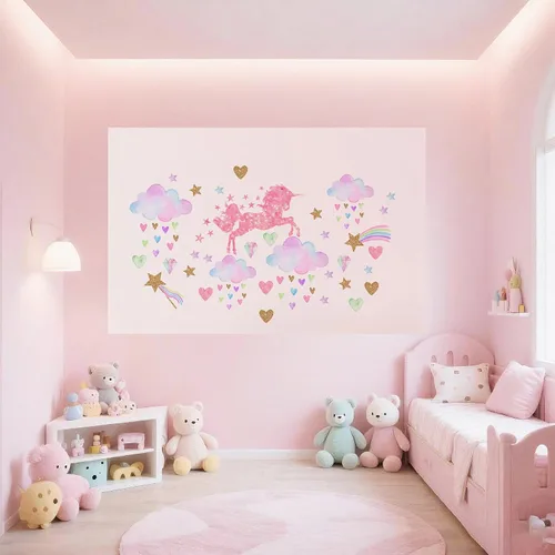 Vista 7 de Calcomanías de pared de unicornio para guardería, unicornio rosa con estrellas y nubes de arco iris, calcomanía de pared para dormitorio de bebé