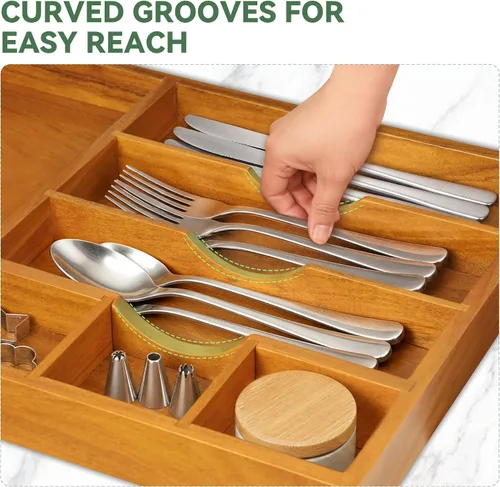Vista 4 de Teak Silverware Organizer For Drawer, Flatware Silverware Storage Tray
