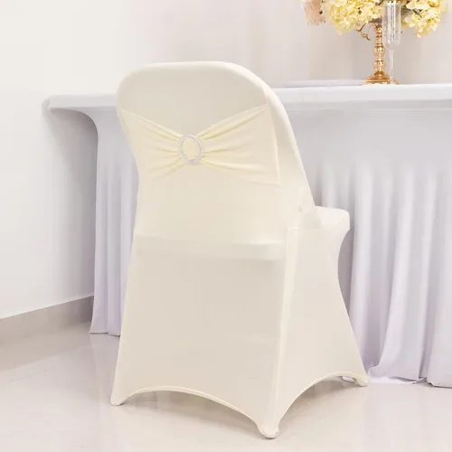 Vista 54 de Efavormart - Funda para silla de banquete de elastano beige con banda de hebilla de diamantes de imitación plateados, funda elástica para silla