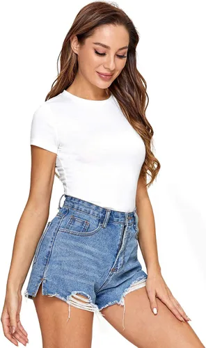 Vista 3 de SheIn Camiseta básica sólida con cuello redondo y manga corta para mujer