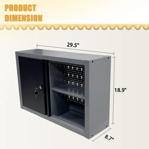 Vista 2 de Armario de pared de metal con puerta y 2 estantes extraíbles con cerradura para taller de garaje